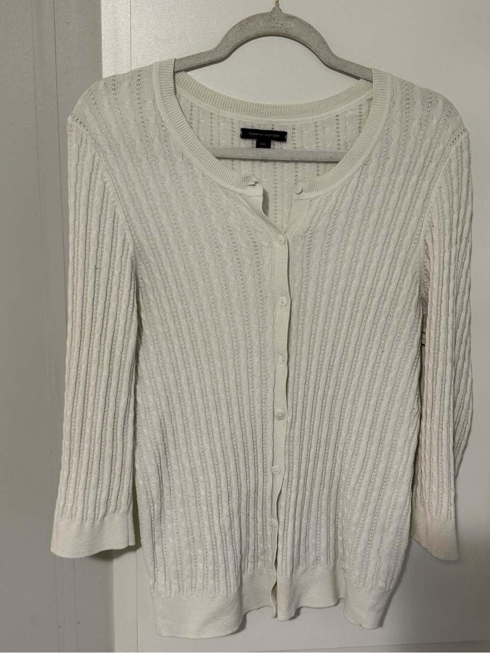 192. Tommy Hilfiger Cotton White Cable Knit Button-Front Cardigan Cottagecore